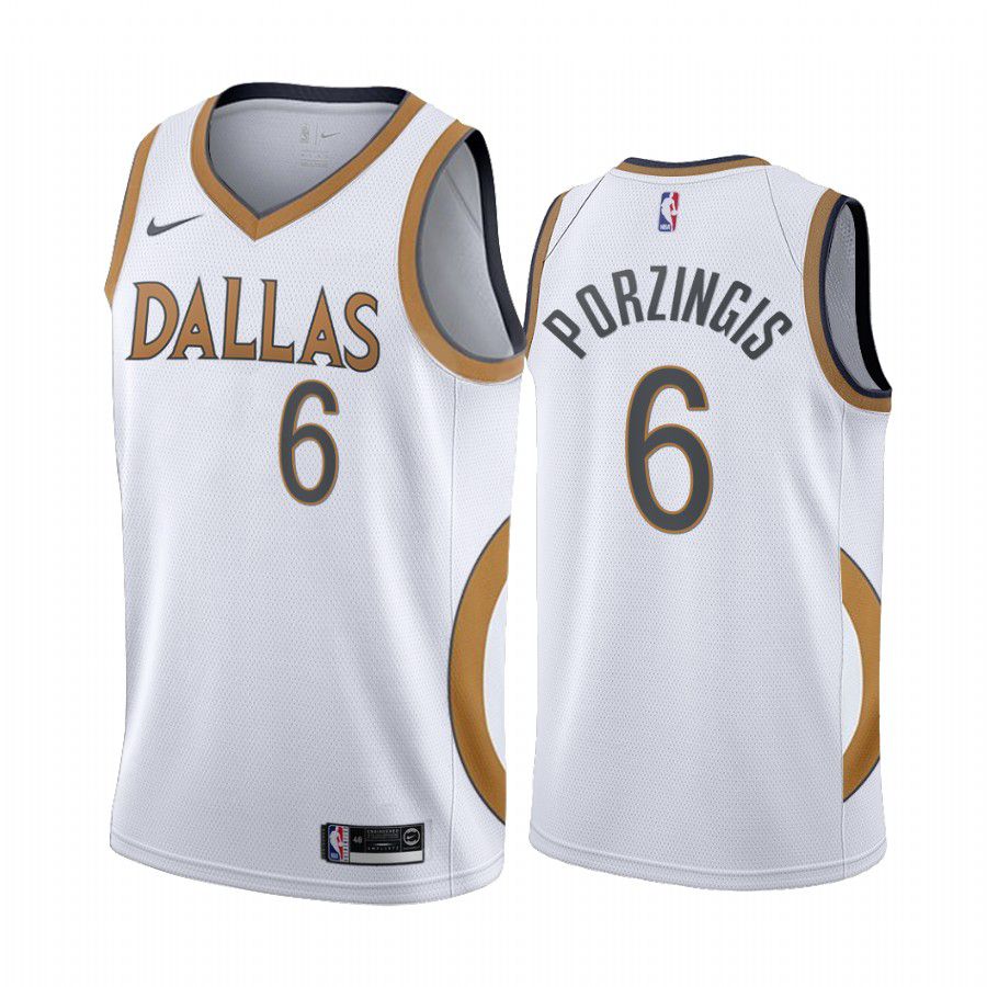 Men Dallas Mavericks 6 kristaps porzingis white city edition gold silver logo 2020 nba jersey
